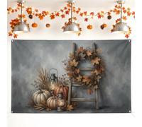 Sfondo a forma di scala, rustico e accogliente, con zucche e ghirlande, sfondo grigio per feste, foto per foto di feste, riunioni, eventi, 180 x 109 cm
