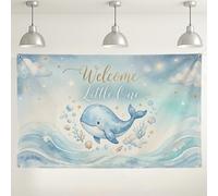 Sfondo a tema balena oceano, grazioso design ad acquerello per decorazioni per baby shower, sfondo blu subacqueo per eventi fotografici, 180 x 109 cm