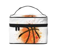 Sfondo arancione dipinto astratto di basket, Borsa per il trucco Borsa per cosmetici Borsa da toilette da viaggio portatile Astuccio per matite Astuccio da toilette