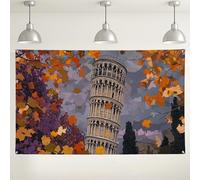 Sfondo artistico con torre pendente, sfondo fotografico colorato con foglie autunnali, decorazione per la casa, decorazioni stagionali autunnali, 180 x 109 cm