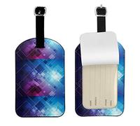 Sfondo astratto con etichette per bagagli viola blu, etichetta di identificazione della copertina in pelle e scheda di indirizzo per la valigia della borsa da viaggio
