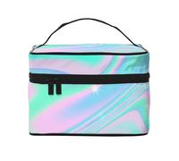 Sfondo astratto olografico in pastello neon, borsa da viaggio per il trucco da donna, grande organizer per cosmetici
