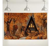 Sfondo autunnale con casa della foresta, accogliente sfondo decorativo per fotografia, perfetto per il Ringraziamento e gli eventi autunnali, 180 x 109 cm