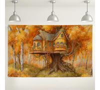 Sfondo autunnale con casa sull'albero, sfondo fotografico colorato della foresta, accogliente per il compleanno dei bambini, forniture per feste autunnali, 180 x 109 cm
