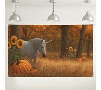 Sfondo autunnale con cavallo magico, decorazioni a tema foresta di zucche di girasole, sfondo fotografico per interni ed esterni, per feste ed eventi, 180 x 109 cm