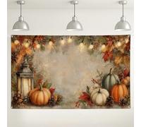 Sfondo autunnale con lanterna di zucca, decorazione rustica vintage autunnale per foto, sfondo accogliente per raccolta del raccolto per il Ringraziamento ed eventi stagionali, 180 x 109 cm