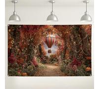 Sfondo autunnale con mongolfiera, sfondo fotografico con sentiero della foresta autunnale, decorazioni stagionali colorate per il Ringraziamento e feste di Halloween, 180 x 109 cm