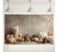 Sfondo autunnale con orso e zucca, accogliente sfondo rustico autunnale decorativo per fotografie, forniture per feste di raccolta stagionale, 180 x 109 cm