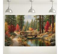 Sfondo autunnale con paesaggio forestale, paesaggio naturale vibrante, sfondo fotografico, scena rustica con ponte sul fiume per il Ringraziamento, eventi autunnali all'aperto, 180 x 109 cm