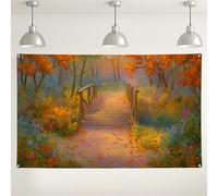 Sfondo autunnale con ponte della foresta, sfondo fotografico colorato per eventi autunnali, perfetto per il Ringraziamento e riunioni all'aperto, 180 x 109 cm