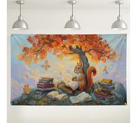 Sfondo autunnale con scoiattolo, accogliente sfondo con scena di lettura della natura, decorazioni per feste a tema foresta, sfondo fotografico autunnale per interni ed esterni, per eventi di