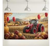 Sfondo autunnale con trattore agricolo, decorazione per campi di raccolta per festival autunnali, sfondo fotografico con palloncini rossi per feste del Ringraziamento, 180 x 109 cm