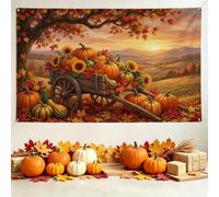 Sfondo autunnale con zucche con paesaggio del Ringraziamento, 180 x 109 cm | Fattoria rustica a tema raccolto, sfondo fotografico, paesaggio autunnale, paesaggio tramonto, decorazione da parete