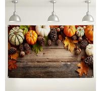 Sfondo autunnale con zucche e pigne, sfondo fotografico rustico con foglie autunnali, decorazioni per interni ed esterni per feste, fotografia di raccolta stagionale, 180 x 109 cm