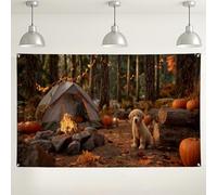 Sfondo autunnale da campeggio, accogliente scena della foresta con decorazioni di cuccioli e zucche, perfetto per fotografie autunnali ed eventi all'aperto, 180 x 109 cm