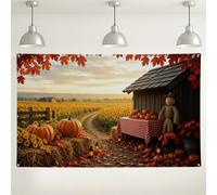 Sfondo autunnale del raccolto, decorazioni autunnali rustiche con zucche e girasole, accogliente sfondo fotografico per interni ed esterni, per feste del Ringraziamento, eventi, 180 x 109 cm