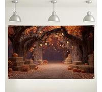 Sfondo autunnale della foresta, lanterne di zucca autunnali, decorazioni rustiche per feste, accogliente sfondo fotografico per interni/esterni, per eventi di Halloween, Ringraziamento, 180 x 109 cm