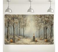 Sfondo autunnale della foresta, sfondo fotografico rustico con scena autunnale, simpatiche decorazioni per feste con volpe e zucche, ideale per il Ringraziamento e gli eventi di Halloween, 180 x 109