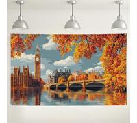 Sfondo autunnale di Londra, decorazione da parete con vista panoramica sul fiume Tamigi, vivace paesaggio autunnale per fotografie, eventi festivi interni ed esterni, 180 x 109 cm