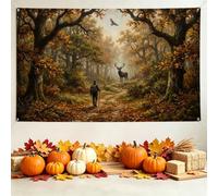 Sfondo autunnale forestale avventura forestale banner 180,3 x 109,2 cm | Paesaggio rustico della foresta, sfondo fotografico, paesaggio escursionista e cervo, estetica fogliame autunnale
