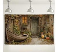Sfondo autunnale rustico, scena decorativa vintage con barca e foglie autunnali, ideale per fotografie ed eventi, perfetto per il Ringraziamento e gli incontri autunnali, 180 x 109 cm
