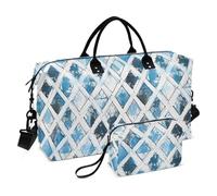 Sfondo bianco con griglia a forma di blu grande borsa da viaggio Weekender Gear Bag Sport Training Bag con cinghia regolabile per allenamento set da 2 pezzi