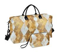 Sfondo bianco con scacchiera a forma di oro grande borsa da viaggio per il weekend borsa da palestra con tracolla regolabile da viaggio, set di 2 pezzi