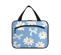 Sfondo blu con un motivo di margherite bianche appeso borsa da viaggio con gancio appeso, designer Necessities borsa da barba per gli uomini per gli elementi essenziali da viaggio zaino zaino in