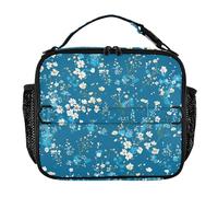 Sfondo blu lago con piccoli fiori e bianchi su di esso Borsa termica per il pranzo per gli uomini Resistente all'acqua Scatole per il pranzo per adulti per le donne Tracolla e portabottiglie Grande