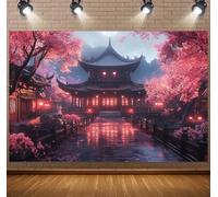 Sfondo cinese con padiglione in fiore di ciliegio: paesaggio orientale, pagoda e Sakura Moonlight. Per sfondi fotografici cinesi, decorazioni per feste cinesi, Chinabackdrop, decorazione