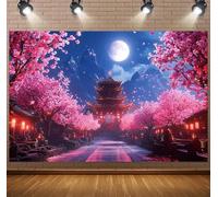 Sfondo cinese con padiglione in fiore di ciliegio: paesaggio orientale, pagoda e Sakura Moonlight. Per sfondi fotografici cinesi, decorazioni per feste cinesi, Chinabackdrop, decorazione