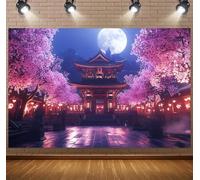 Sfondo cinese con padiglione in fiore di ciliegio: paesaggio orientale, pagoda e Sakura Moonlight. Per sfondi fotografici cinesi, decorazioni per feste cinesi, Chinabackdrop, decorazione