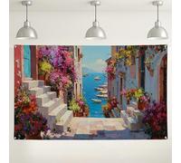 Sfondo colorato con scena di strada, vivace decorazione da parete mediterranea per fotografia, feste estive ed eventi, 180 x 109 cm