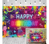 Sfondo colorato per feste di compleanno con graffiti al neon che si illumina al buio, per feste di compleanno, sfondo arcobaleno per tema luce nera, forniture per bambini (180 x 120 cm)