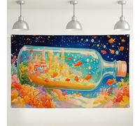 Sfondo con bottiglia di vetro con città sottomarina, design artistico colorato della barriera corallina, sfondo da sogno con scena oceanica per fotografia, decorazione estiva per feste in spiaggia