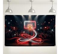 Sfondo con campo da basket, decorazioni a tema sportivo al neon per eventi, sfondo rosso e nero per feste, per fotografie, giornata di gioco ed eventi sportivi, 180 x 109 cm