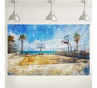 Sfondo con campo da pallacanestro sulla spiaggia, sfondo scenico ad acquerello costiero, immagine per esterni, forniture per cabine estive per eventi fotografici, 180 x 109 cm