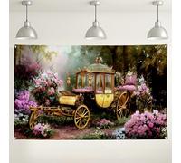 Sfondo con carrozza da favola, sfondo vintage con scena floreale da giardino, scenografia incantata per matrimoni, compleanni e celebrazioni, 180 x 109 cm