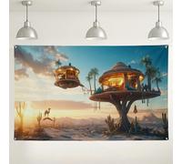 Sfondo con casa sull'albero del deserto, fantasioso sfondo fotografico natura all'aperto, scena rustica bohémien per feste per eventi, 180 x 109 cm