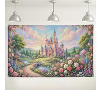 Sfondo con castello delle fiabe, decorazioni vintage per feste in giardino floreale, blu pesca, per interni ed esterni, sfondo fotografico per eventi e celebrazioni, 180 x 109 cm
