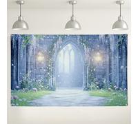 Sfondo con castello delle fiabe, sfondo fotografico da giardino con fiori incantati, decorazione magica per eventi all'aperto, forniture per feste primaverili ed estive, 180 x 109 cm