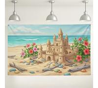 Sfondo con castello di sabbia sulla spiaggia, decorazioni floreali colorate per feste estive, sfondo oceano costiero per eventi fotografici, tema tropicale, forniture per interni ed esterni, 180 x 109