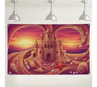 Sfondo con castello sulla spiaggia al tramonto, decorazioni per feste con onde dell'oceano vibranti, sfondo fotografico costiero estivo per eventi, decorazione a tema spiaggia, 180 x 109 cm