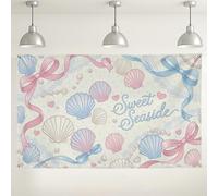 Sfondo con conchiglie dolci sul mare, graziose decorazioni con fiocco pastello per feste, tema spiaggia per interni ed esterni, sfondo fotografico per eventi fotografici, 180 x 109 cm