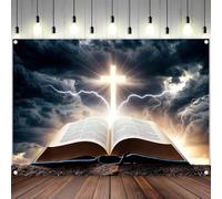 Sfondo con croce biblica 3,7 x 3 m, risurrezione di Gesù Pasqua sfondo Bibbia Santa luce crocifisso cielo sfondo cristiano chiesa religiosa decorazione evento banner Pasqua foto studio puntelli