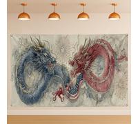 Sfondo con drago mitico battaglia, decorazioni artistiche tradizionali fantasy, draghi blu e rossi a tema USA per fotografia, celebrazioni festive, 180 x 109 cm