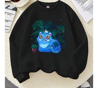 Sfondo con foglie di palma, con stampa della tigre blu Derpy e della gazza a sei occhi Sussie, personaggi dei film anime K-POP. Felpa casual oversize curva, versatile per autunno/inverno, tessuto spes