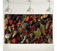 Sfondo con foglie organiche raccolte autunnali, design rustico naturale con frutta a funghi per eventi fotografici, decorazioni per feste stagionali autunnali, 180 x 109 cm