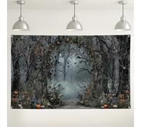 Sfondo con foresta di Halloween, decorazioni paesaggistiche autunnali spettrali per feste, boschi incantati scuri, sfondo fotografico per eventi di Halloween, 180 x 109 cm