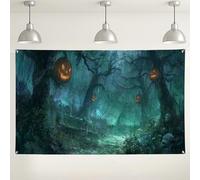 Sfondo con foresta di zucca di Halloween, decorazioni per feste con alberi infestati spettrali, sfondo mistico scuro per eventi fotografici, forniture per festival autunnali, 180 x 109 cm